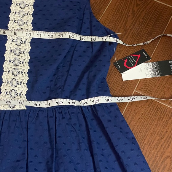 KENSIE blue cotton DRESS floral ivory lace embroidered fabric size LG sleeveless - Picture 9 of 16